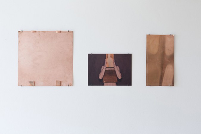 Sophie Dupont. Heart Brain Buffer, 2014. 3 pieces. From left : Copper Plate, Flatbedprint on copper. Copper Plate. Foto: Anders Sune Berg