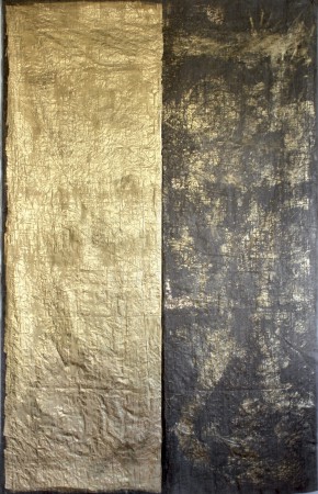 WE ALWAYS CARRY OUR BODY 09-09-2022. GOLD PIGMENT ON LINEN. 230 x 142 CM.