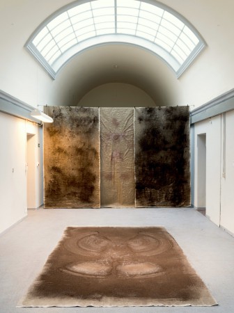 Soil paintings 2 x (300 x 200 cm.) Soil on linen. (Middle) Clay Angel 300 x 150 cm Clay on linen.